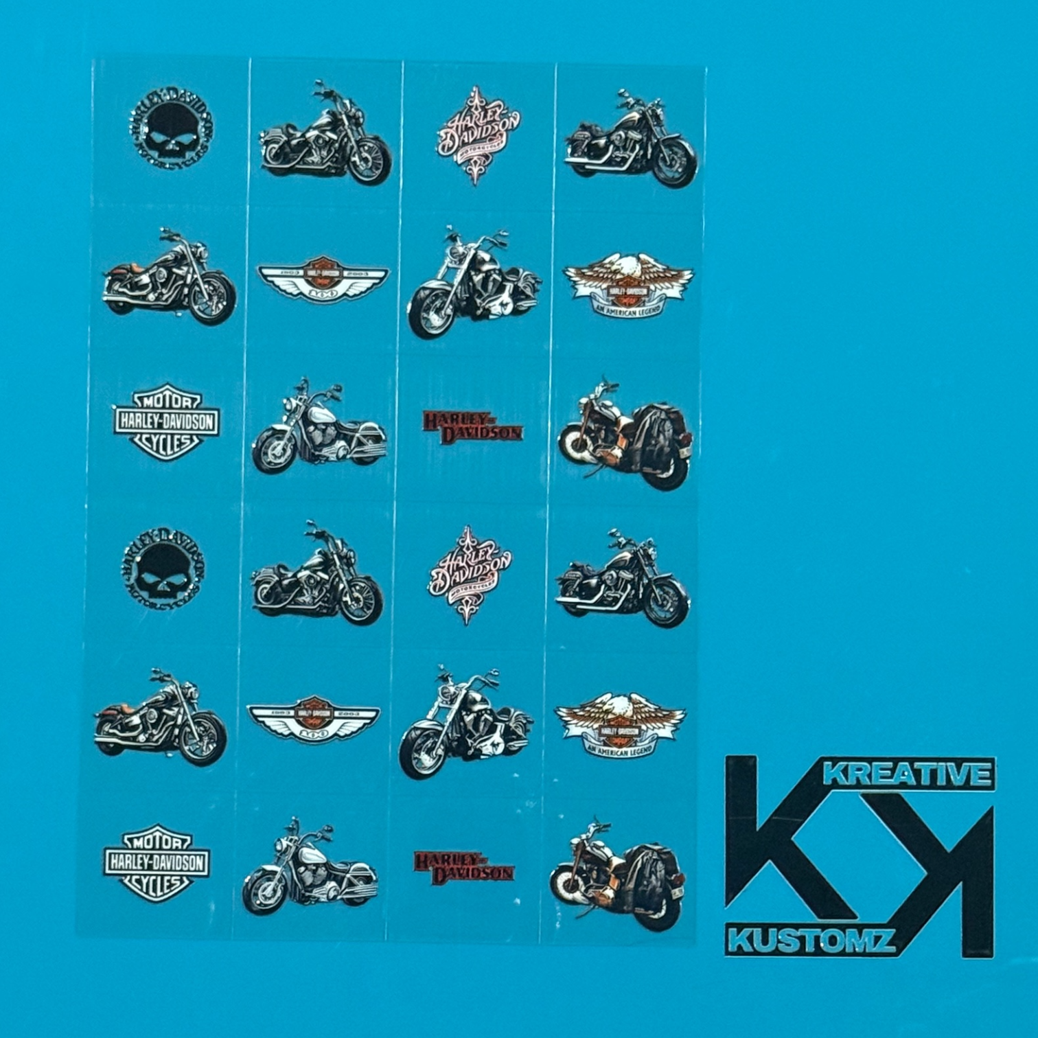 An A5 sheet featuring 24 precut Harley-Davidson themed UV DTF decals on a blue background.