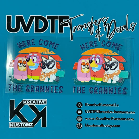 Two UV DTF adhesive cup wraps featuring Bluey characters dressed as grannies on a blue background.