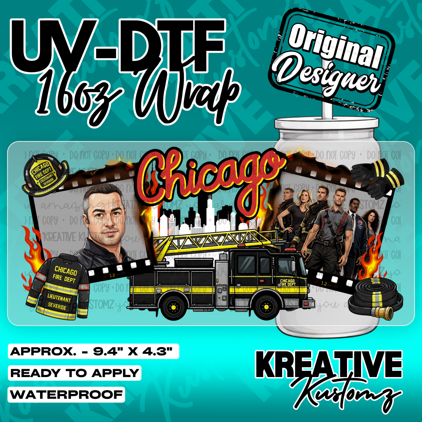 Chicago Firefighter Design | UV DTF Cup Wrap for 16oz Libbey Glass
