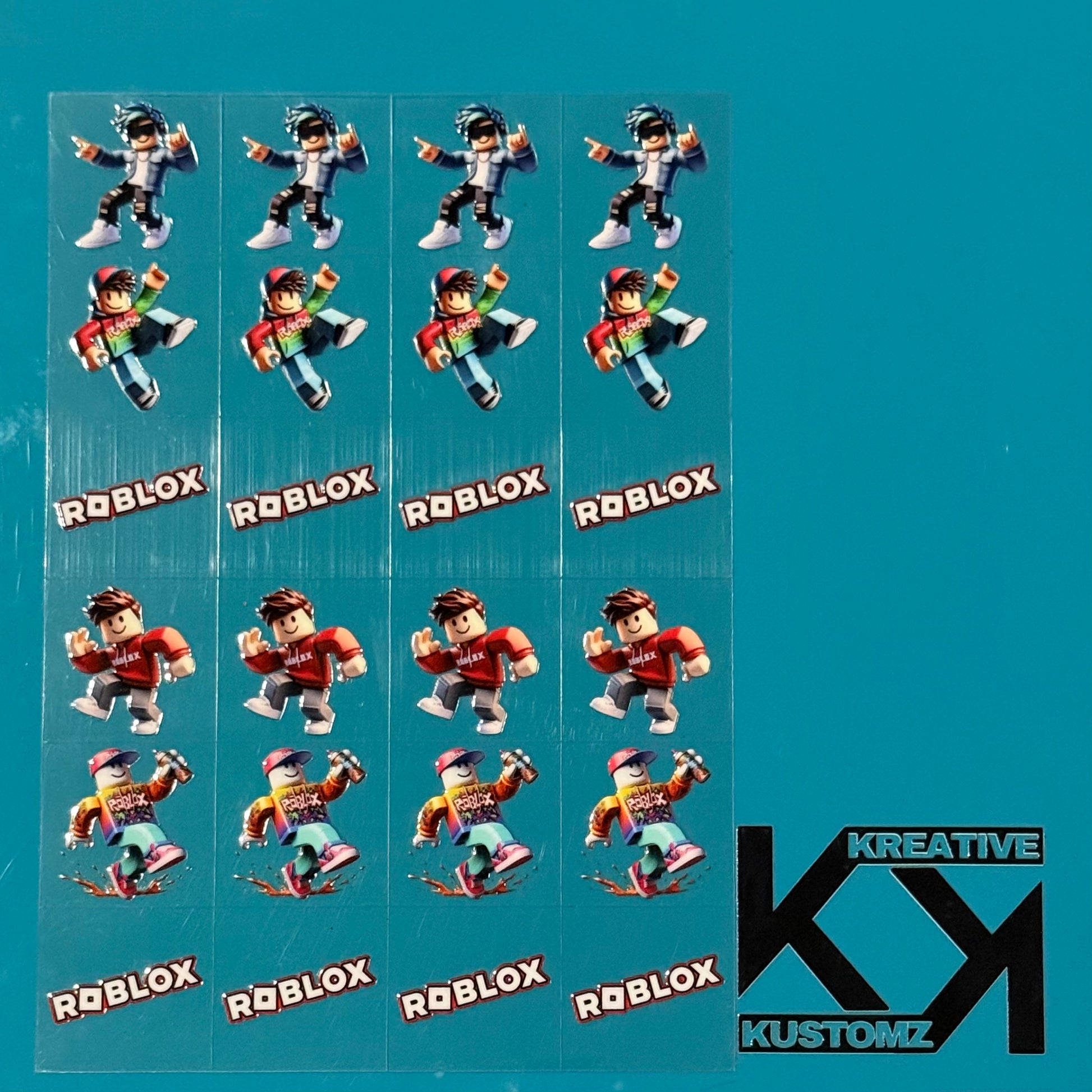 An A5 sheet of 24 Roblox-themed UV DTF adhesive decals featuring various character designs.