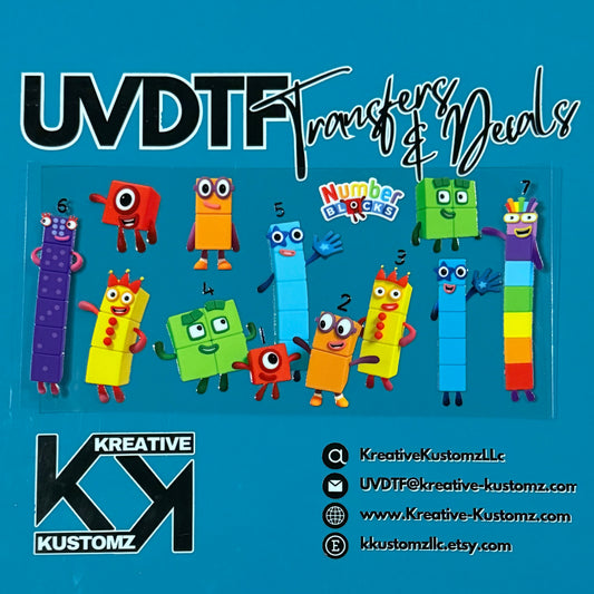 A UV DTF adhesive cup wrap featuring Numberblocks characters on a clear backing.