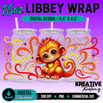Cute Monkey | 16oz Libbey Glass Can Wrap PNG - Digital Download Bundle