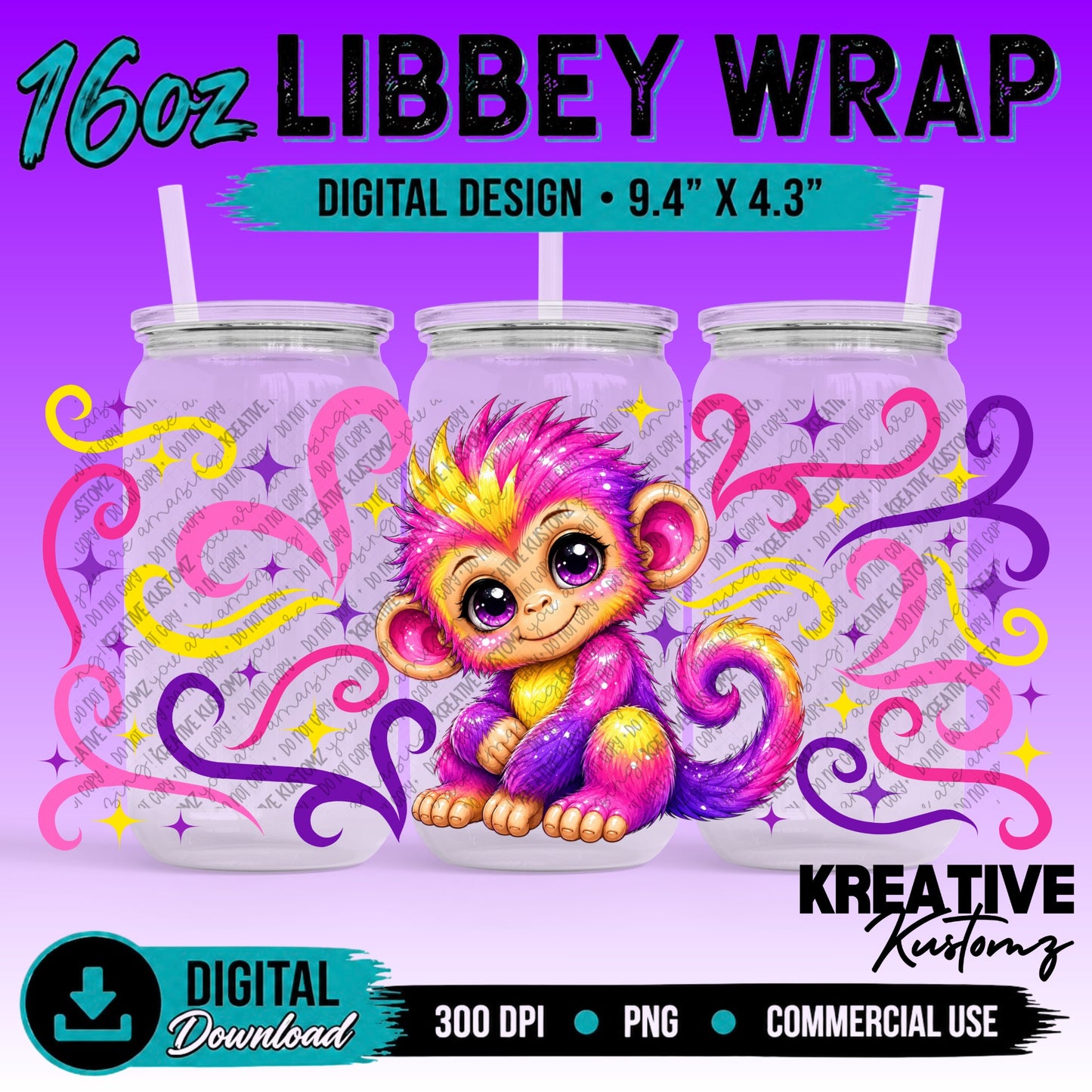 Cute Monkey | 16oz Libbey Glass Can Wrap PNG - Digital Download Bundle