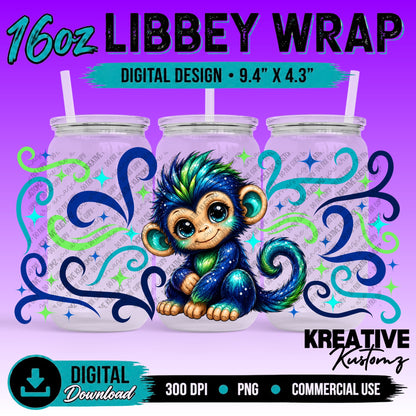 Cute Monkey | 16oz Libbey Glass Can Wrap PNG - Digital Download Bundle