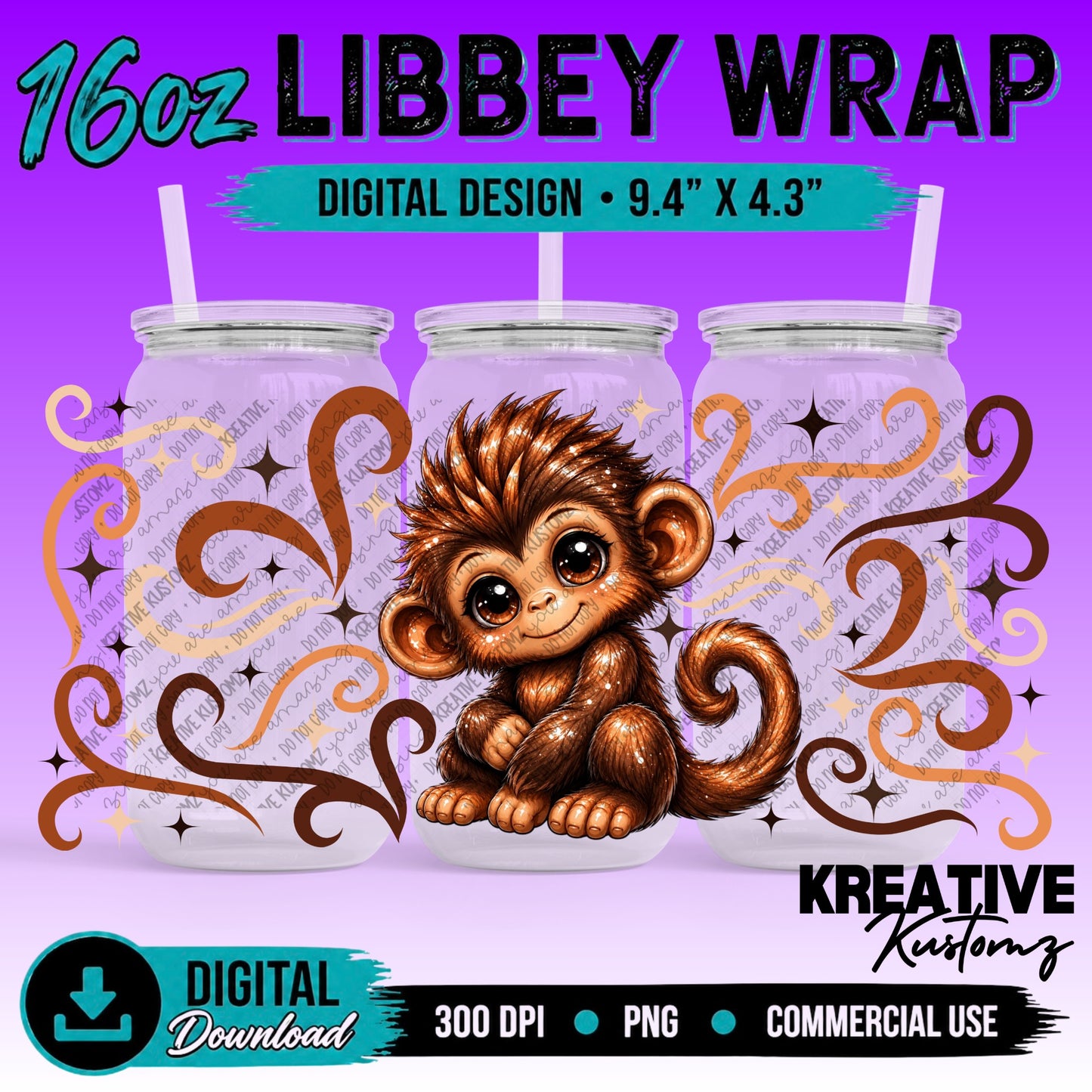 Cute Monkey | 16oz Libbey Glass Can Wrap PNG - Digital Download Bundle