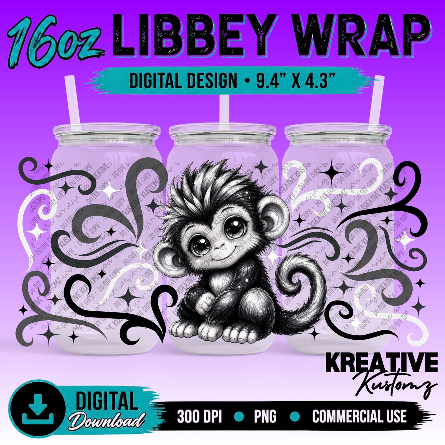 Cute Monkey | 16oz Libbey Glass Can Wrap PNG - Digital Download Bundle