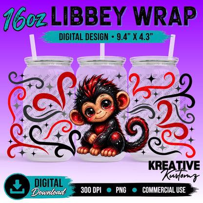 Cute Monkey | 16oz Libbey Glass Can Wrap PNG - Digital Download Bundle