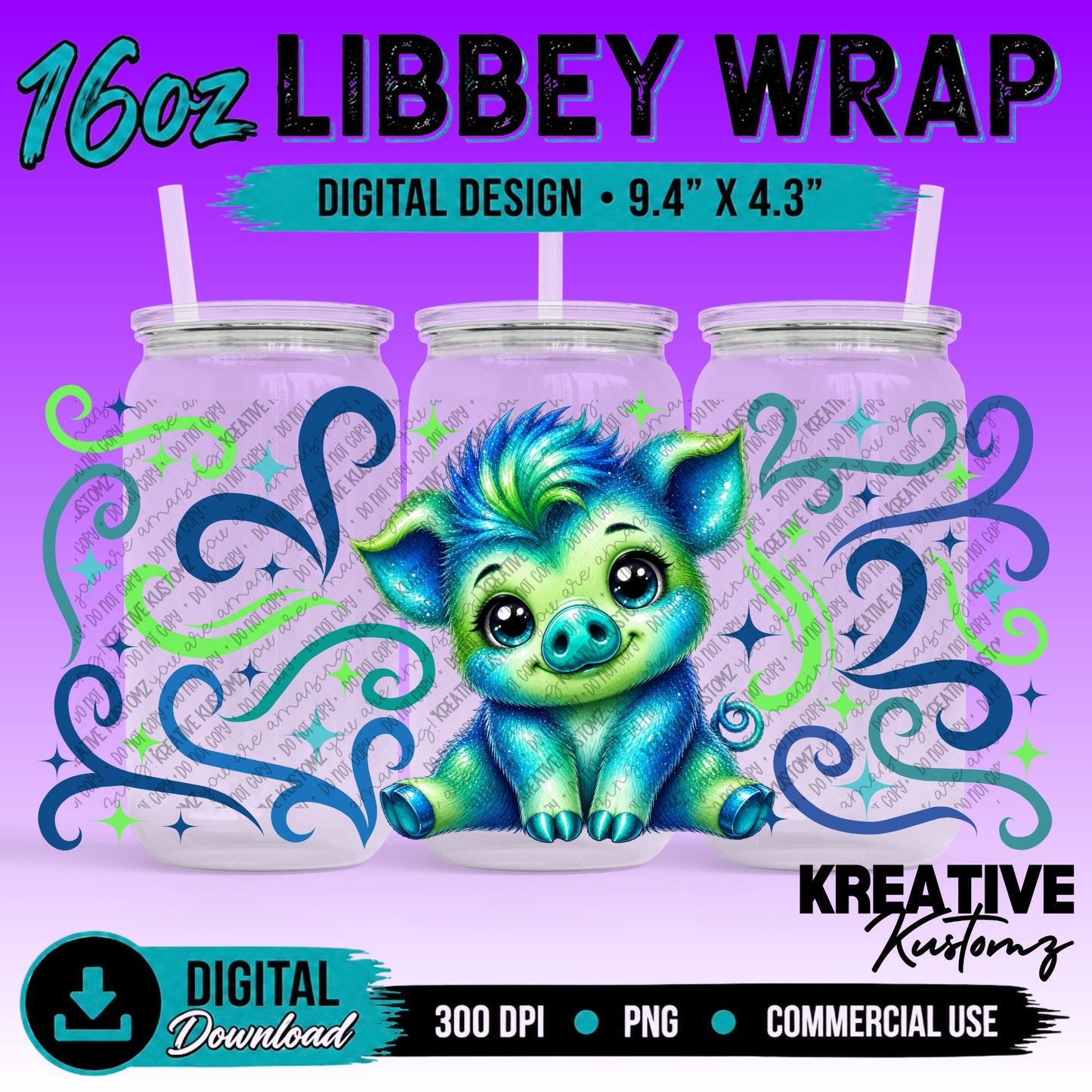 Cute Pig | 16oz Libbey Glass Can Wrap PNG - Digital Download Bundle