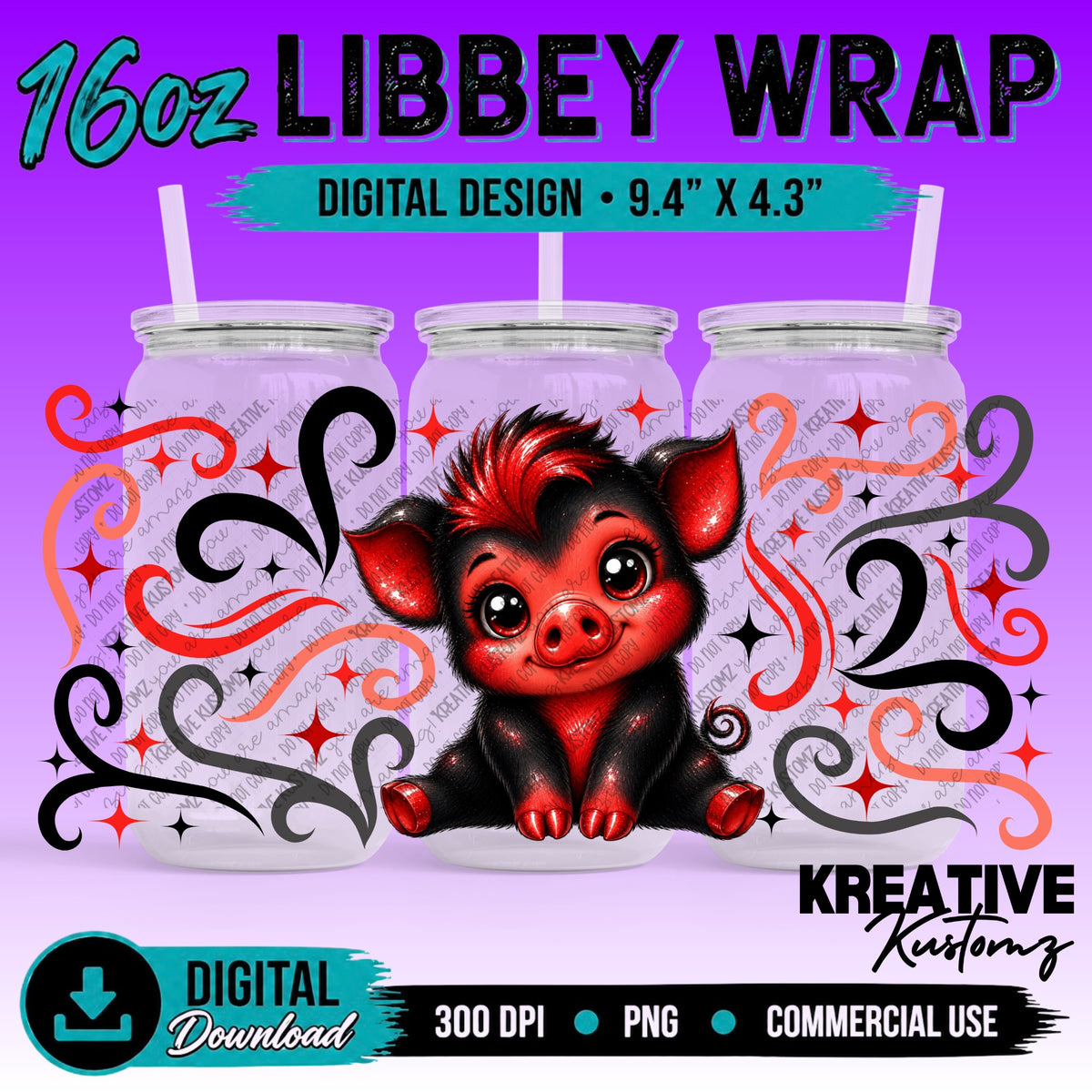 Cute Pig | 16oz Libbey Glass Can Wrap PNG - Digital Download Bundle