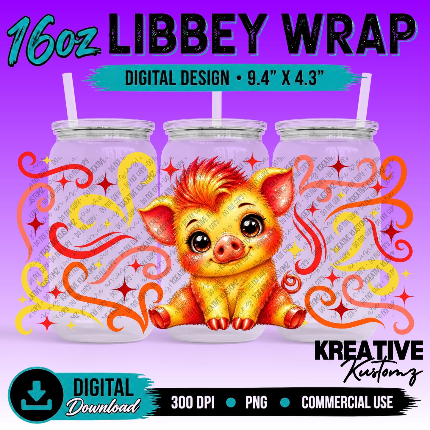 Cute Pig | 16oz Libbey Glass Can Wrap PNG - Digital Download Bundle