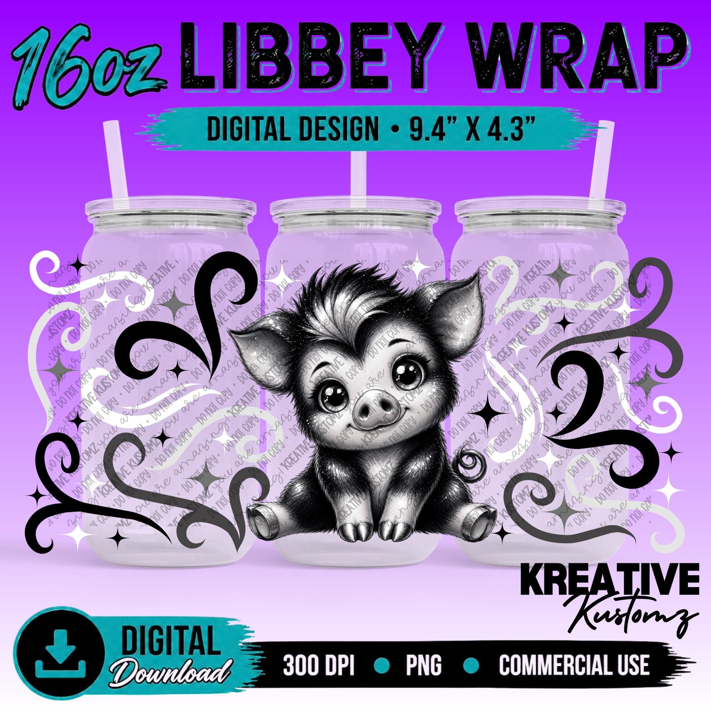 Cute Pig | 16oz Libbey Glass Can Wrap PNG - Digital Download Bundle