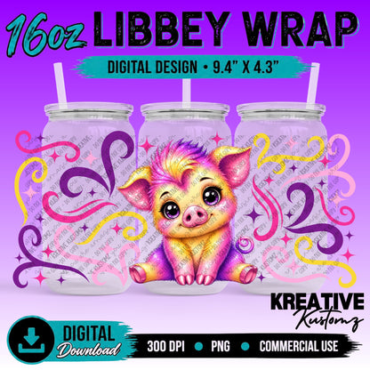 Cute Pig | 16oz Libbey Glass Can Wrap PNG - Digital Download Bundle