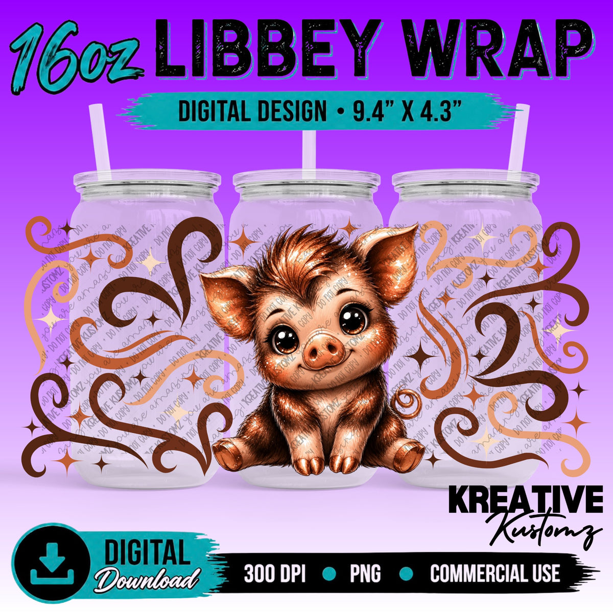 Cute Pig | 16oz Libbey Glass Can Wrap PNG - Digital Download Bundle