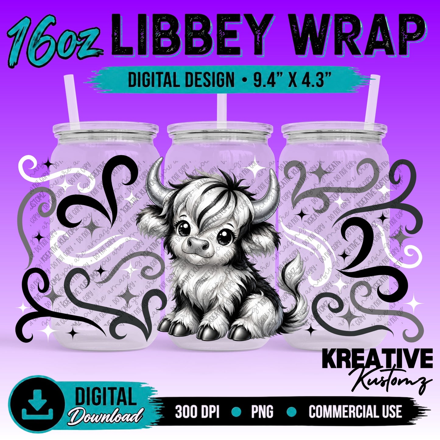 Cute Cows| 16oz Libbey Glass Can Wrap PNG - Digital Download Bundle