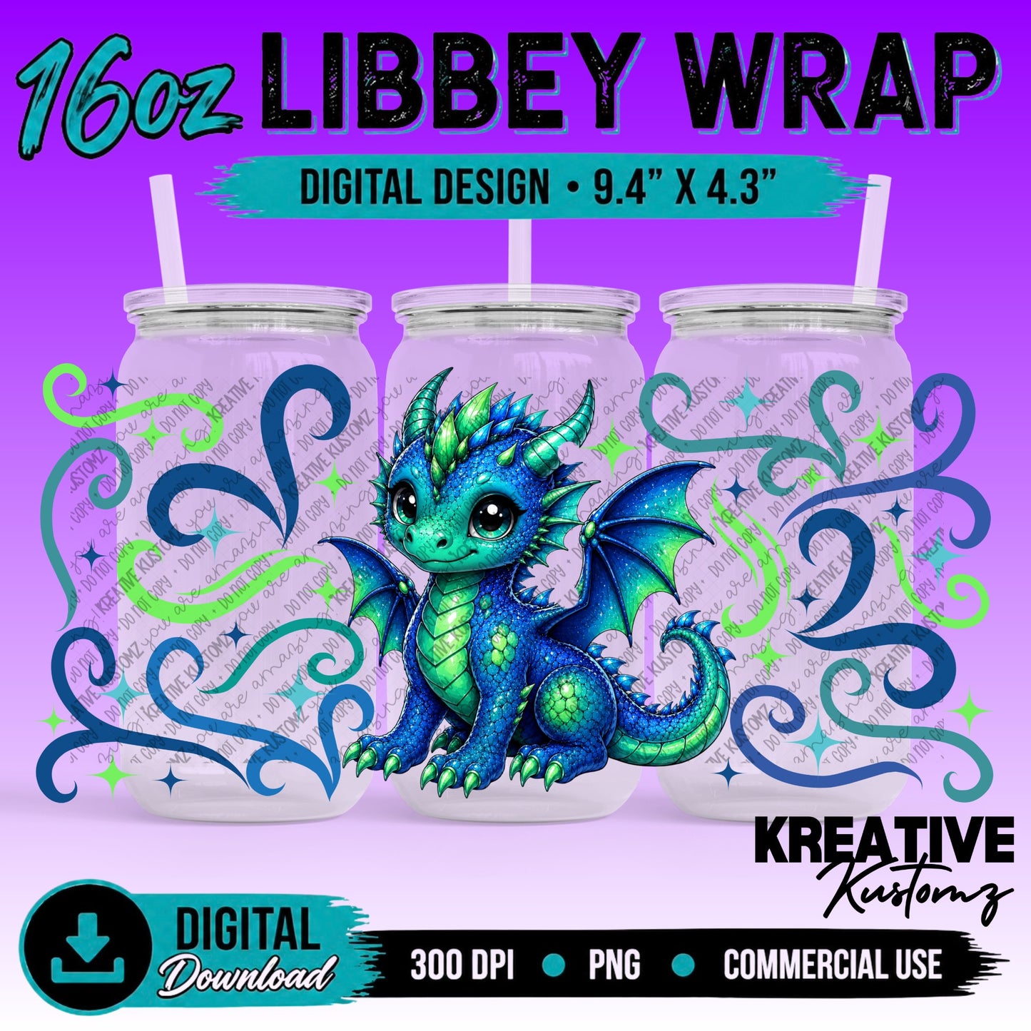 Cute Dragon | 16oz Libbey Glass Can Wrap PNG - Digital Download Bundle