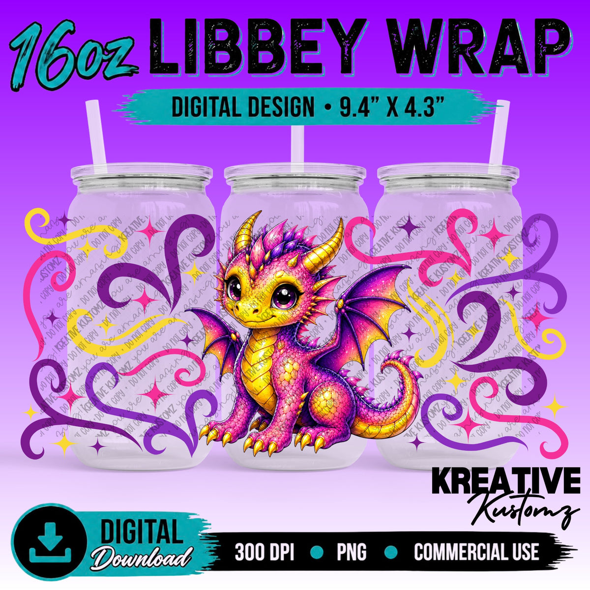 Cute Dragon | 16oz Libbey Glass Can Wrap PNG - Digital Download Bundle