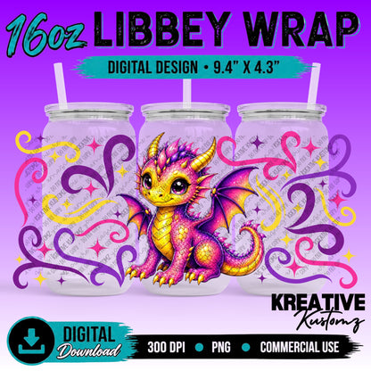 Cute Dragon | 16oz Libbey Glass Can Wrap PNG - Digital Download Bundle
