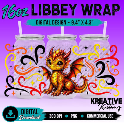 Cute Dragon | 16oz Libbey Glass Can Wrap PNG - Digital Download Bundle