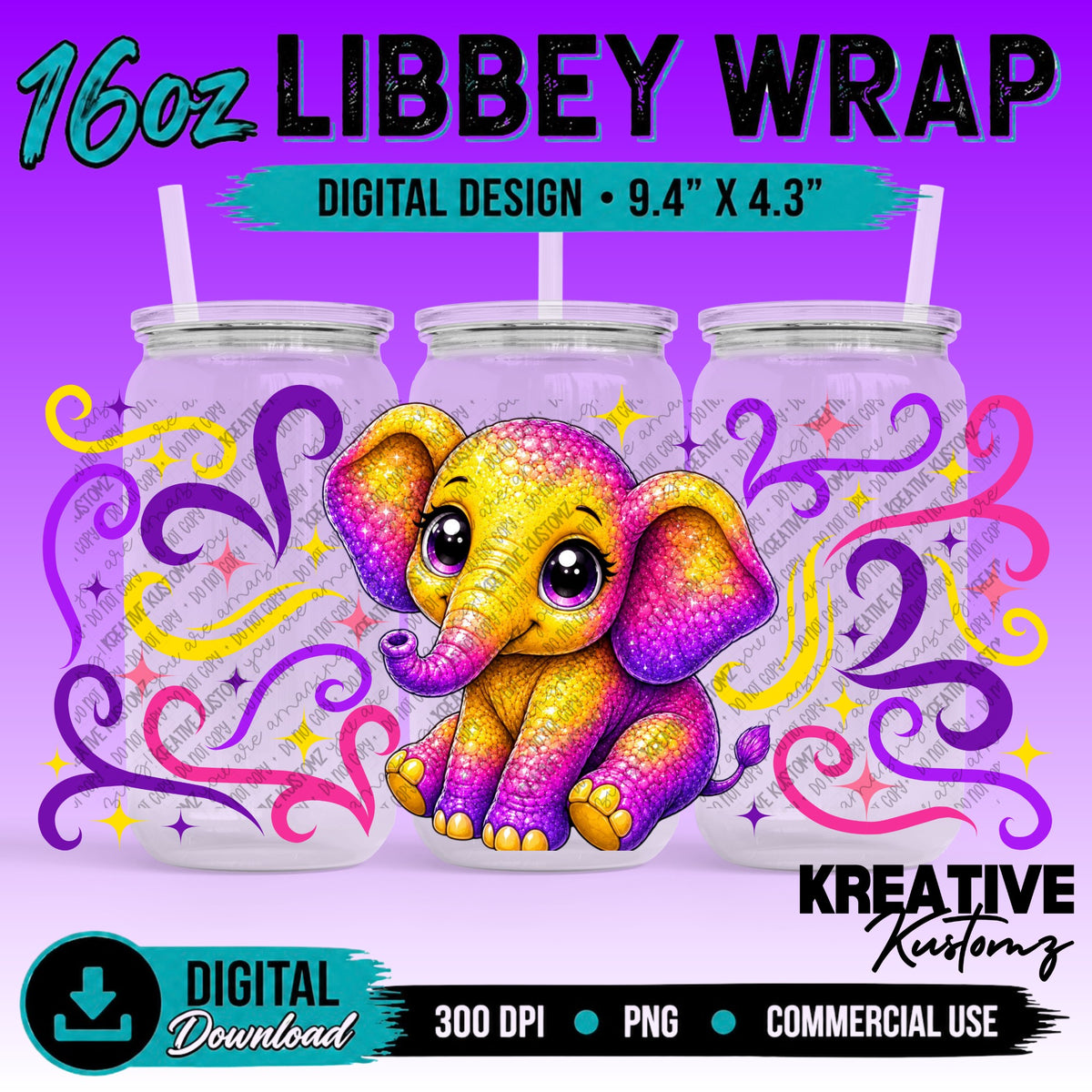 Cute Elephant | 16oz Libbey Glass Can Wrap PNG - Digital Download Bundle