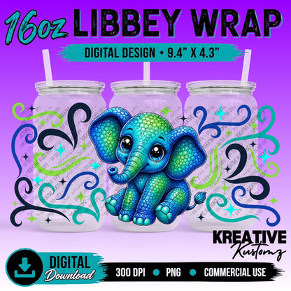Cute Elephant | 16oz Libbey Glass Can Wrap PNG - Digital Download Bundle