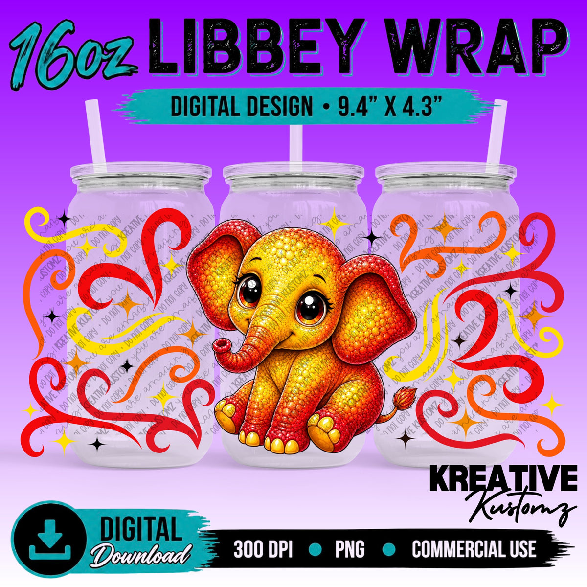 Cute Elephant | 16oz Libbey Glass Can Wrap PNG - Digital Download Bundle