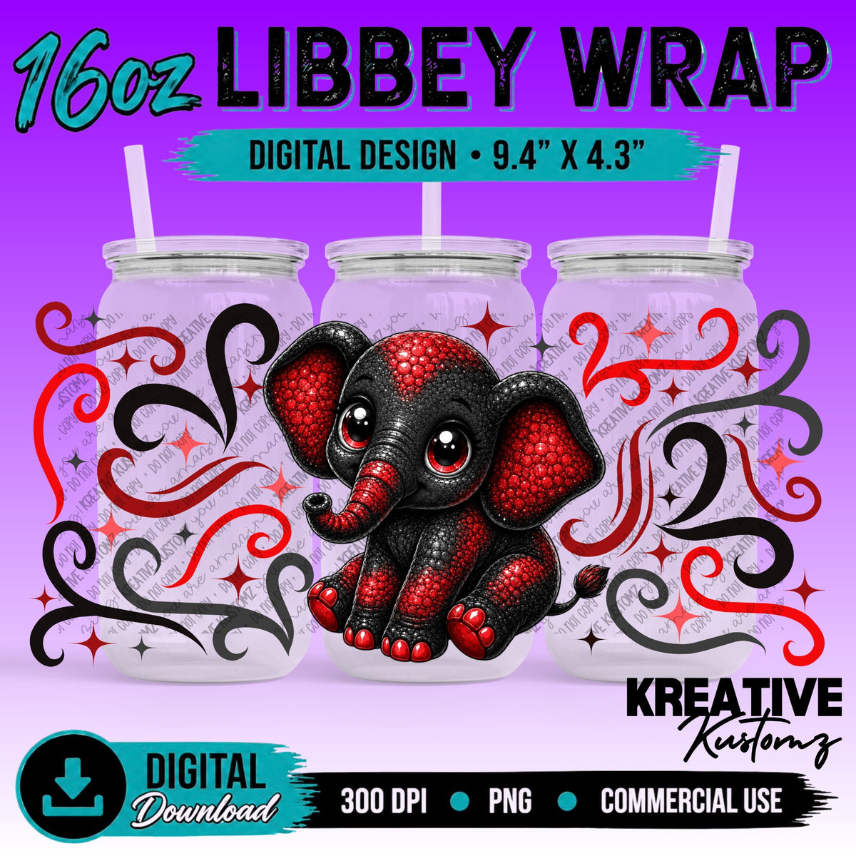 Cute Elephant | 16oz Libbey Glass Can Wrap PNG - Digital Download Bundle