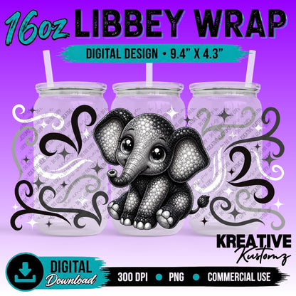 Cute Elephant | 16oz Libbey Glass Can Wrap PNG - Digital Download Bundle