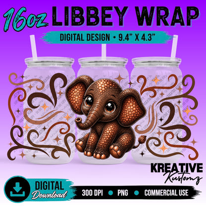 Cute Elephant | 16oz Libbey Glass Can Wrap PNG - Digital Download Bundle