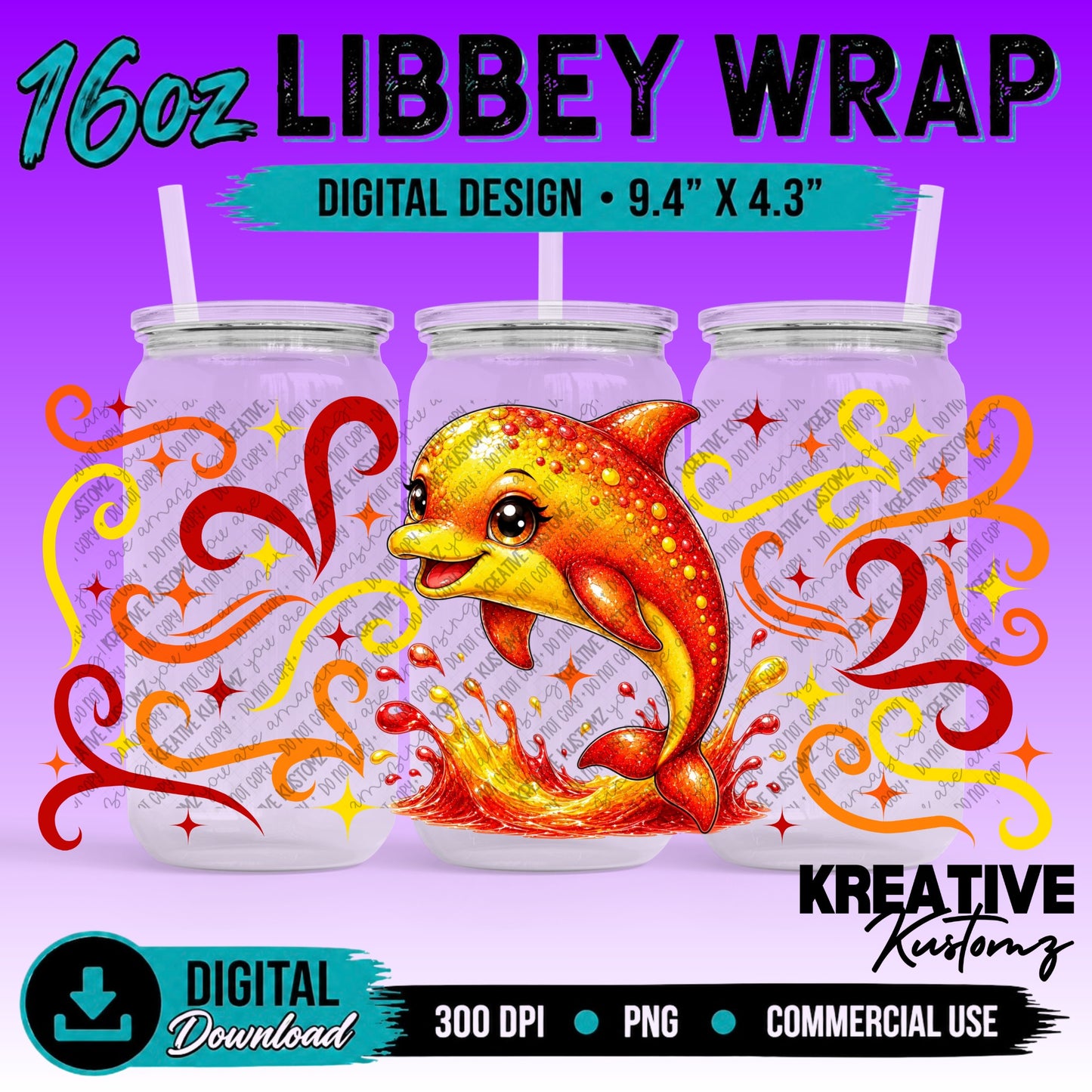 Cute Dolphins| 16oz Libbey Glass Can Wrap PNG - Digital Download Bundle