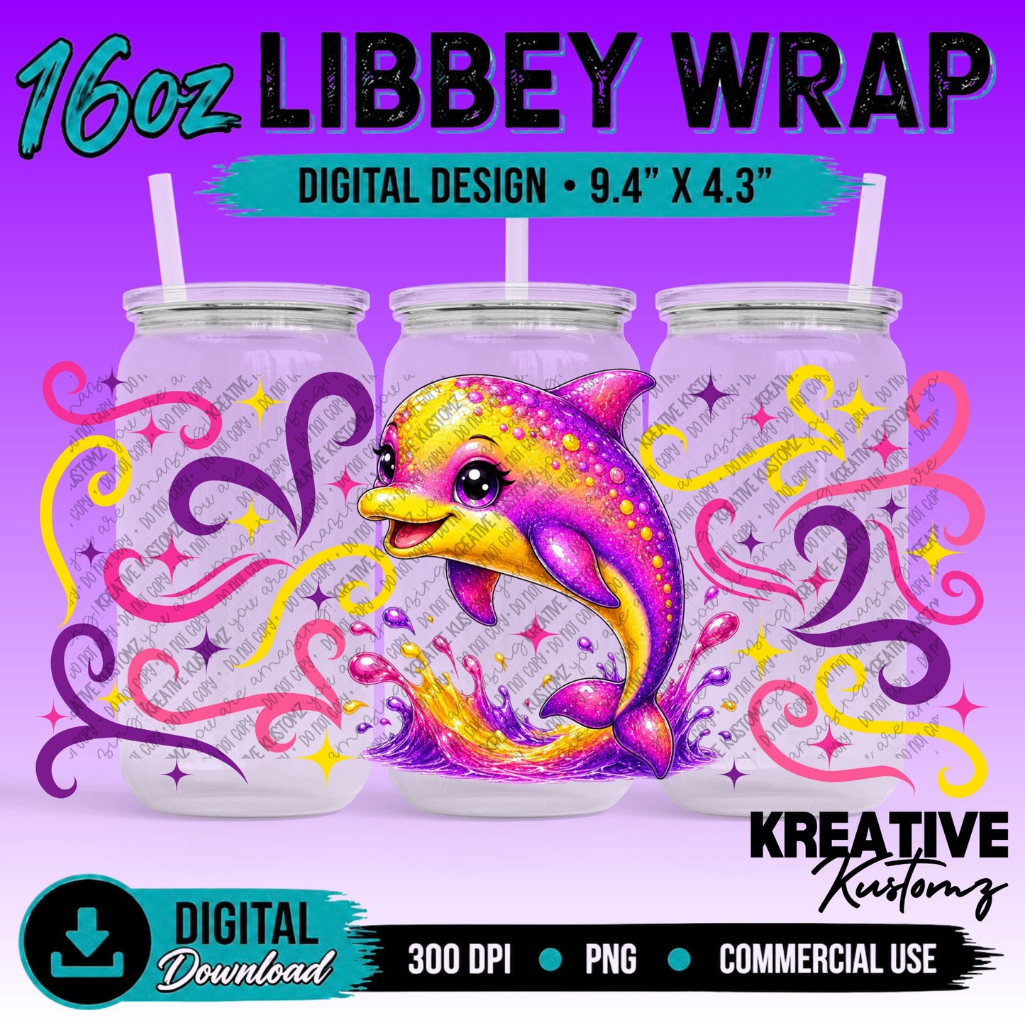 Cute Dolphins| 16oz Libbey Glass Can Wrap PNG - Digital Download Bundle