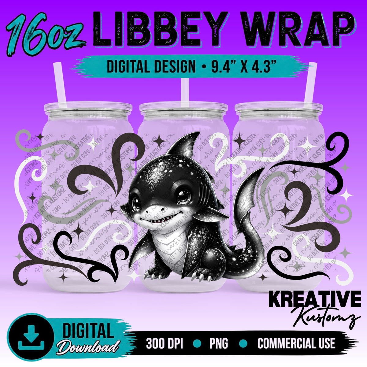 Cute Sharks | 16oz Libbey Glass Can Wrap PNG - Digital Download Bundle