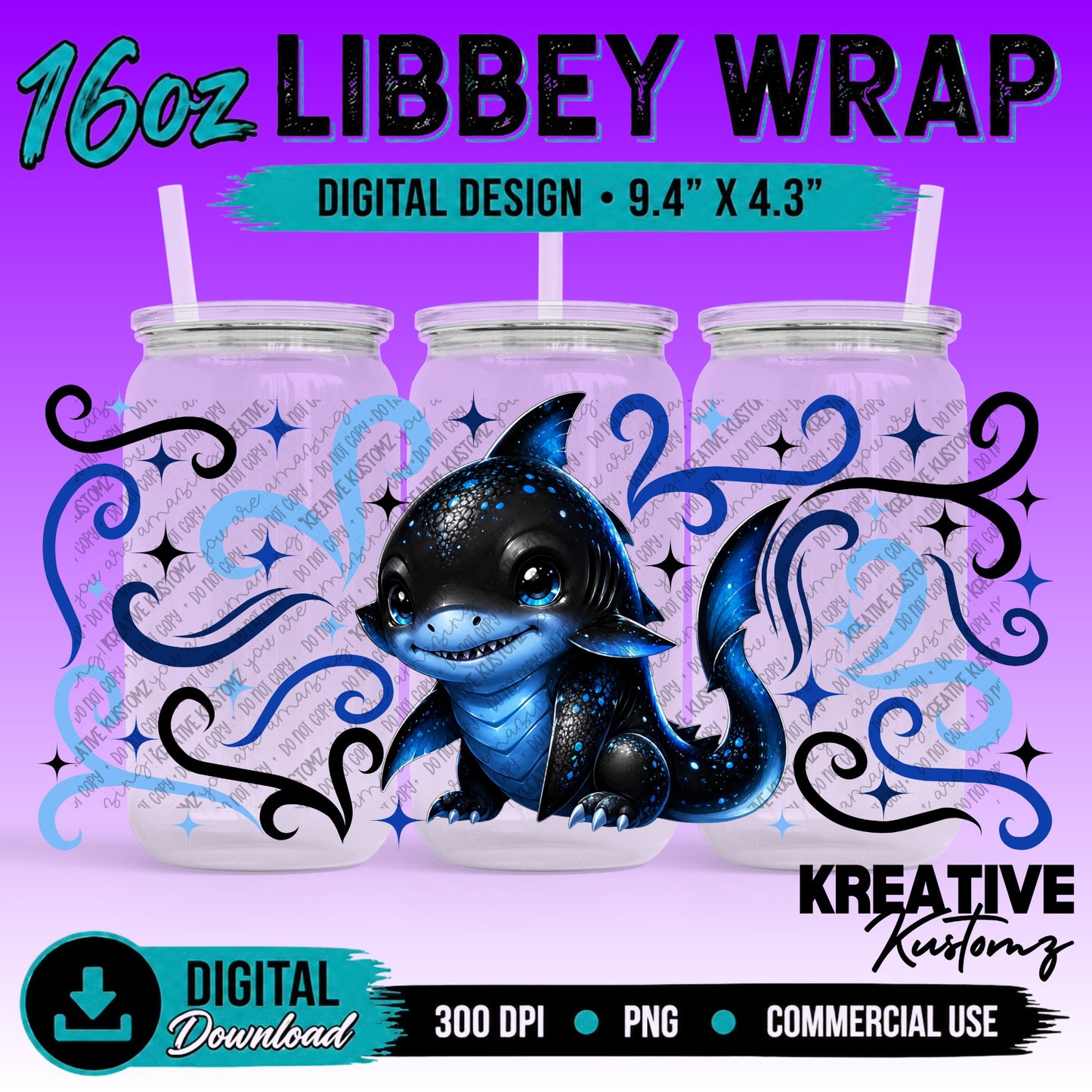 Cute Sharks | 16oz Libbey Glass Can Wrap PNG - Digital Download Bundle