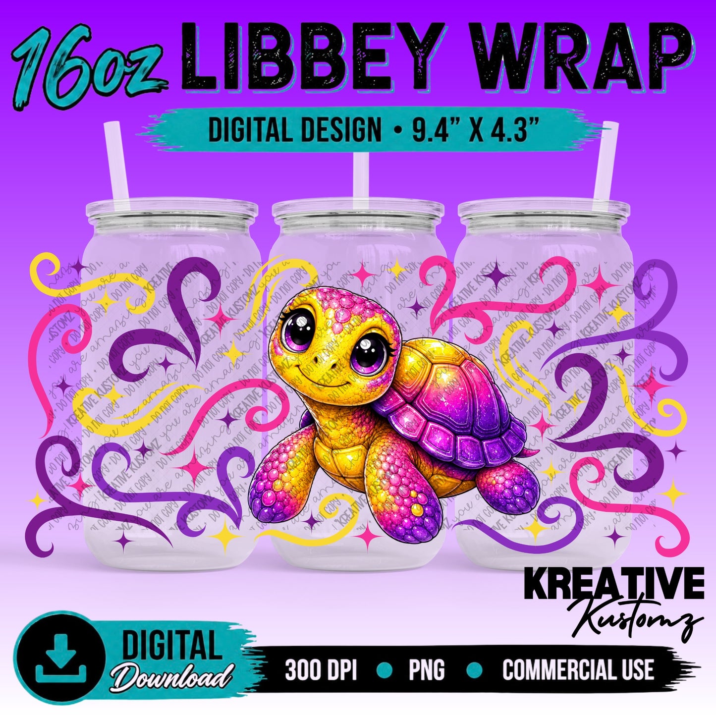 Cute Turtles | 16oz Libbey Glass Can Wrap PNG - Digital Download Bundle