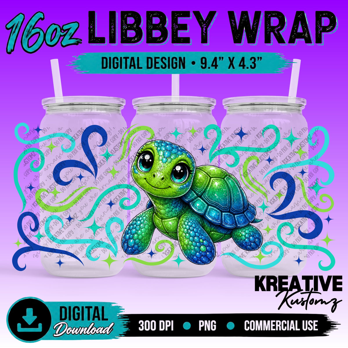 Cute Turtles | 16oz Libbey Glass Can Wrap PNG - Digital Download Bundle