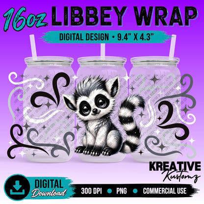 Cute Lemur | 16oz Libbey Glass Can Wrap PNG - Digital Download Bundle
