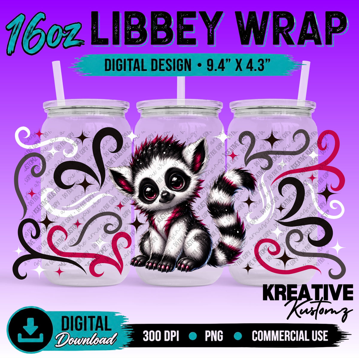 Cute Lemur | 16oz Libbey Glass Can Wrap PNG - Digital Download Bundle