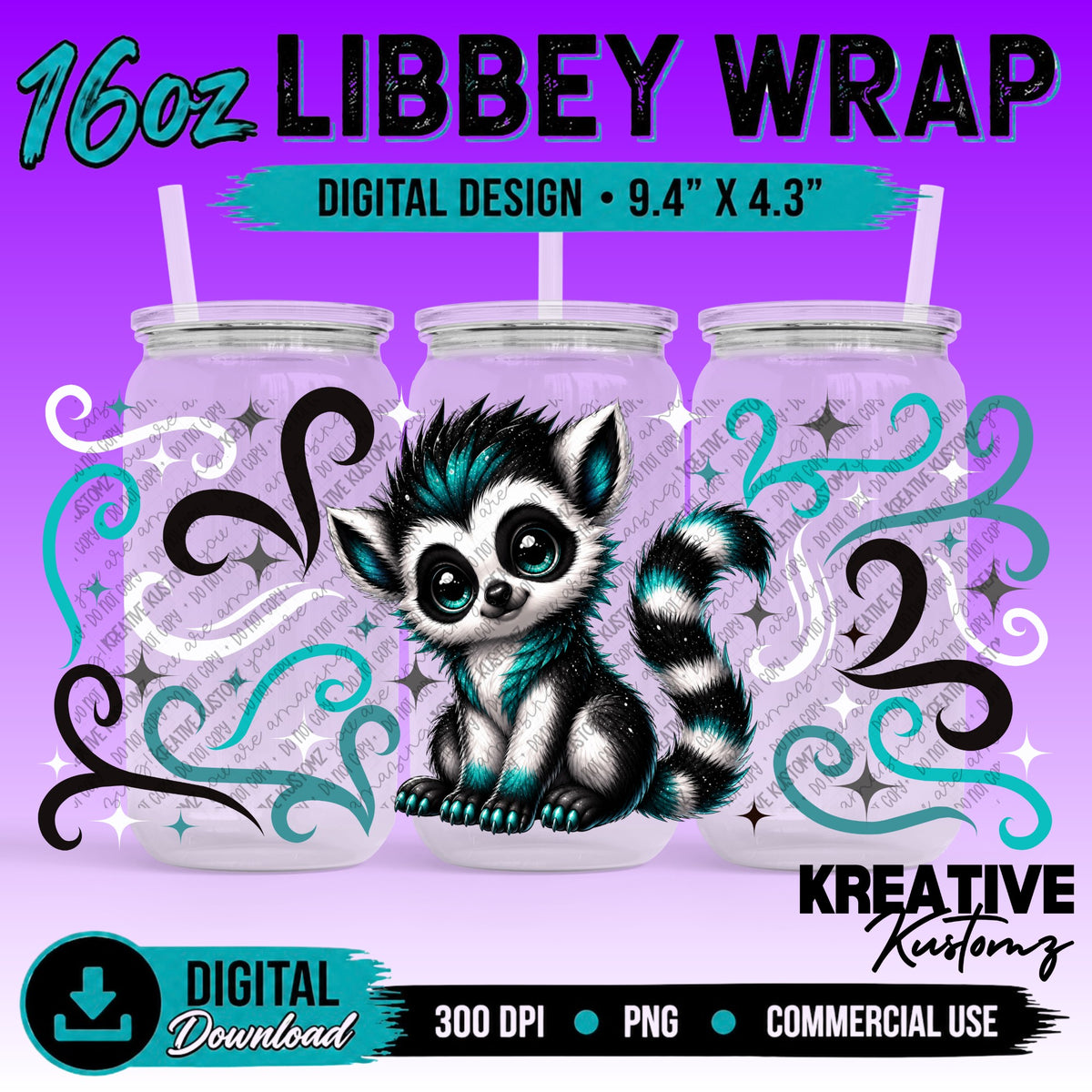 Cute Lemur | 16oz Libbey Glass Can Wrap PNG - Digital Download Bundle