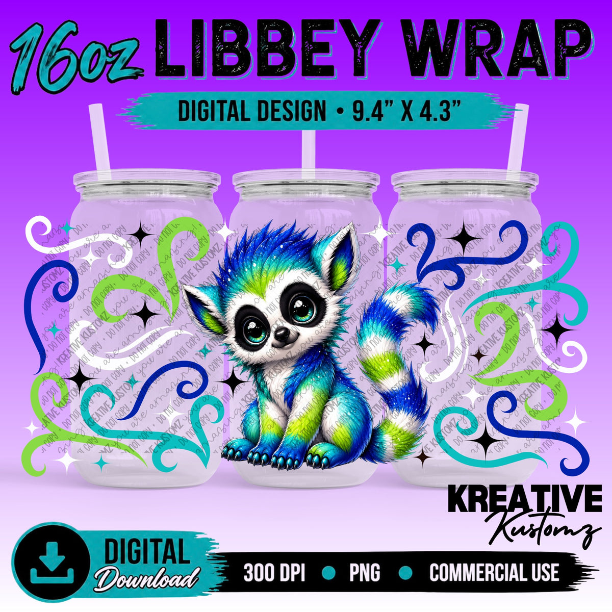 Cute Lemur | 16oz Libbey Glass Can Wrap PNG - Digital Download Bundle