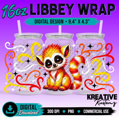 Cute Lemur | 16oz Libbey Glass Can Wrap PNG - Digital Download Bundle