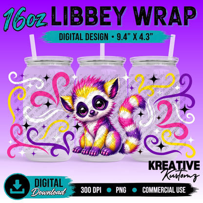 Cute Lemur | 16oz Libbey Glass Can Wrap PNG - Digital Download Bundle