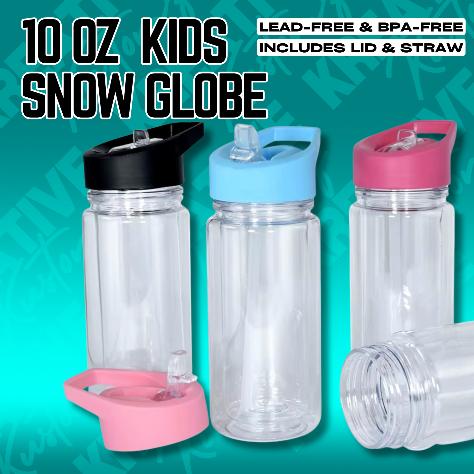 Three clear 10oz acrylic tumblers with colorful lids and straws are displayed against a teal background.