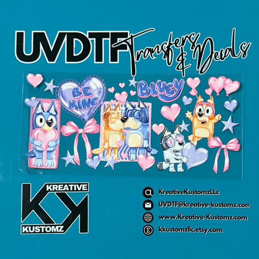 A Bluey-themed UV DTF adhesive wrap featuring characters, hearts, and bows on a clear backing.