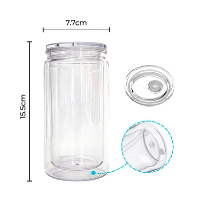 A clear 16oz acrylic double-walled cup with a lid and a pre-drilled hole for snow globe crafts.