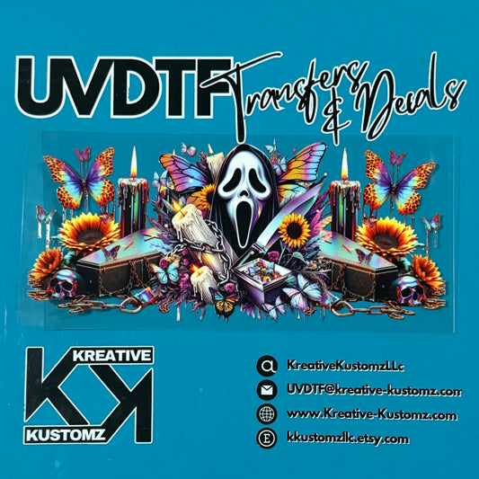 A rectangular UV DTF cup wrap featuring a Ghostface mask, sunflowers, butterflies, and coffins.