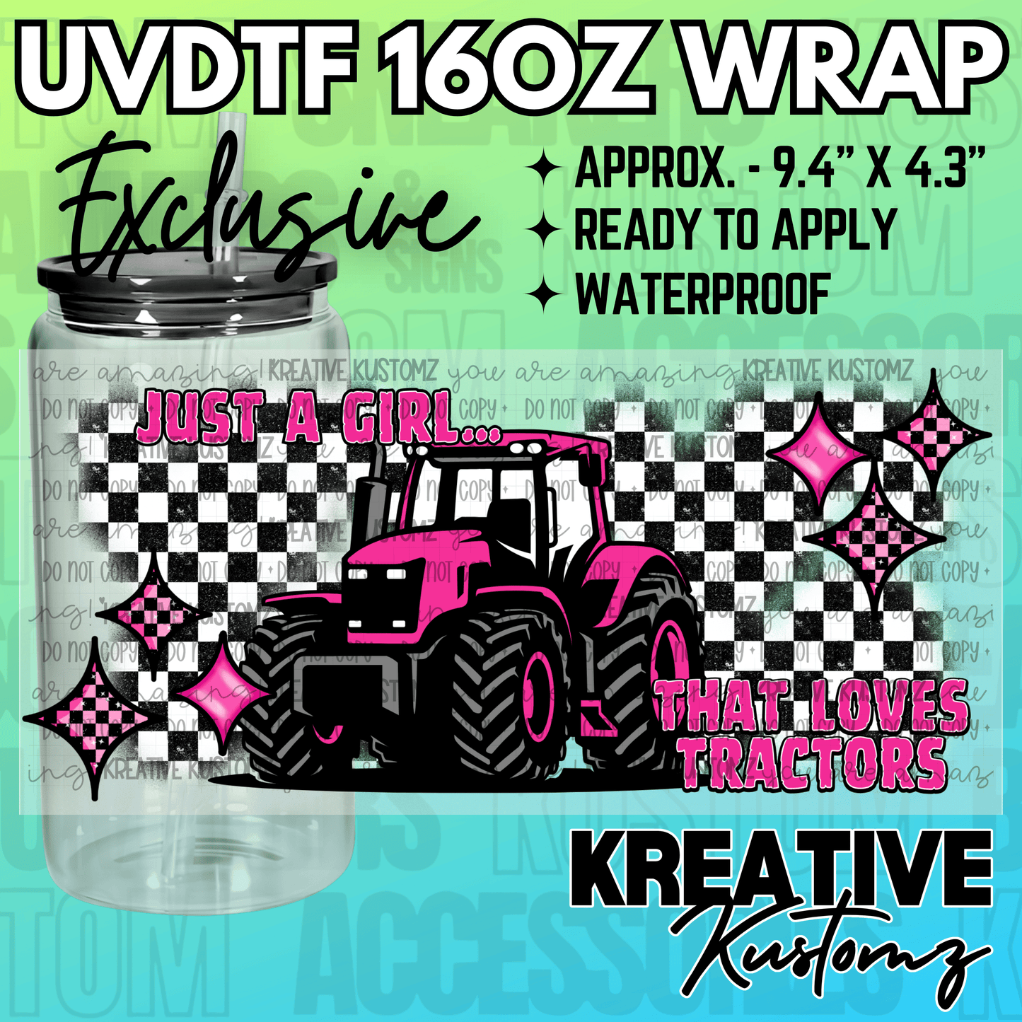 A pink tractor and checkered pattern UV DTF adhesive wrap for a 16oz glass cup.