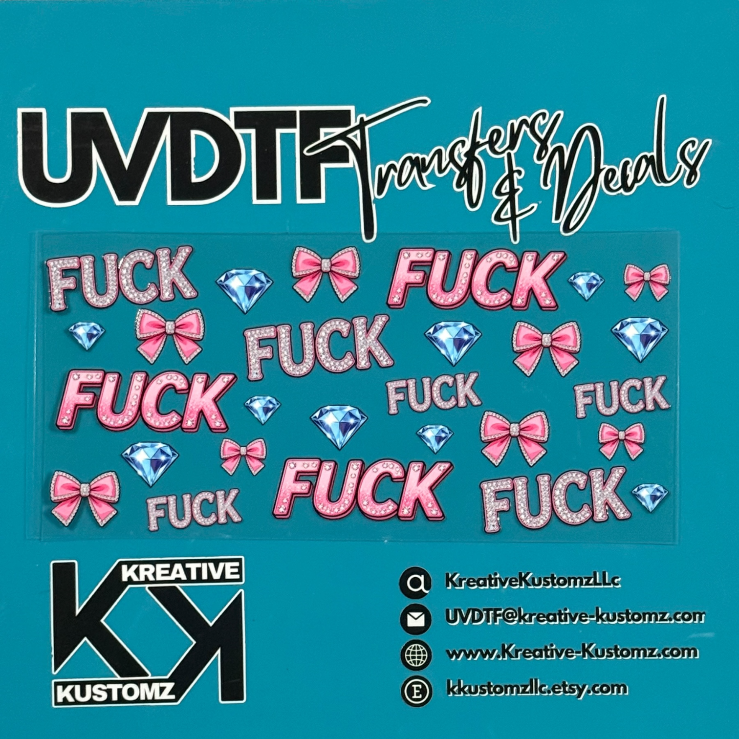 A UV DTF decal sheet featuring pink glittery text and diamond and bow illustrations.