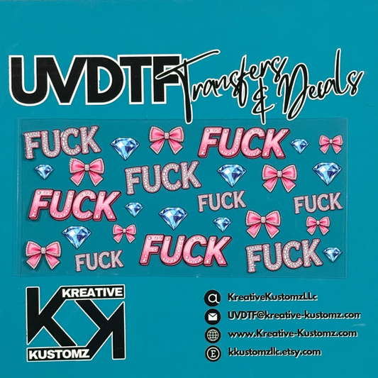 A UV DTF decal sheet featuring pink glittery text and diamond and bow illustrations.
