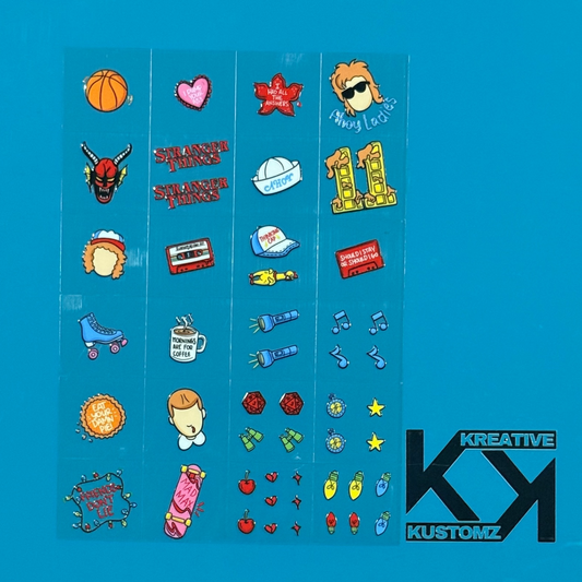 An A5 sheet of precut Stranger Things themed UV DTF decals on a blue background.