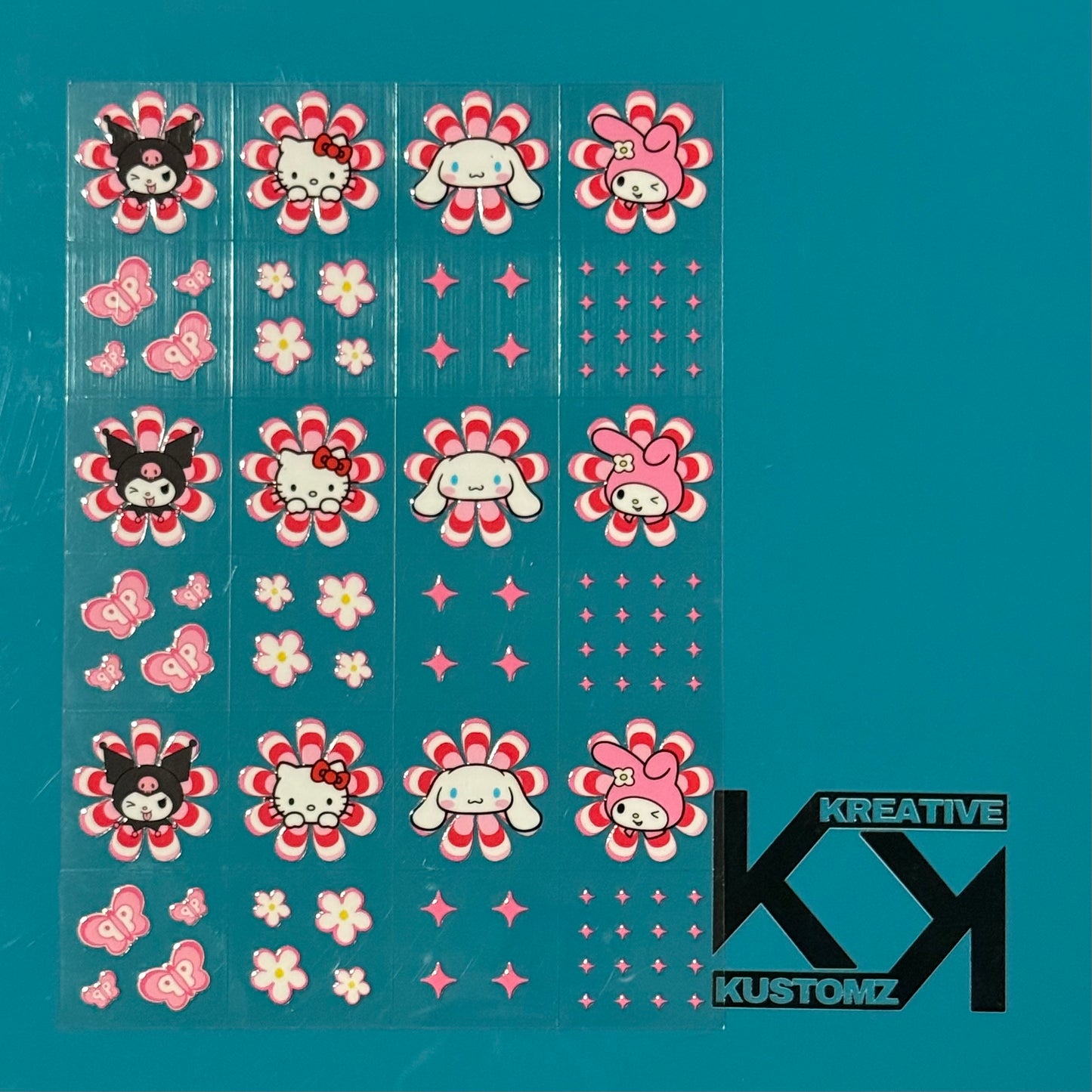 An A5 sheet of 24 precut UV DTF decals featuring Sanrio characters, flowers, and star accents.