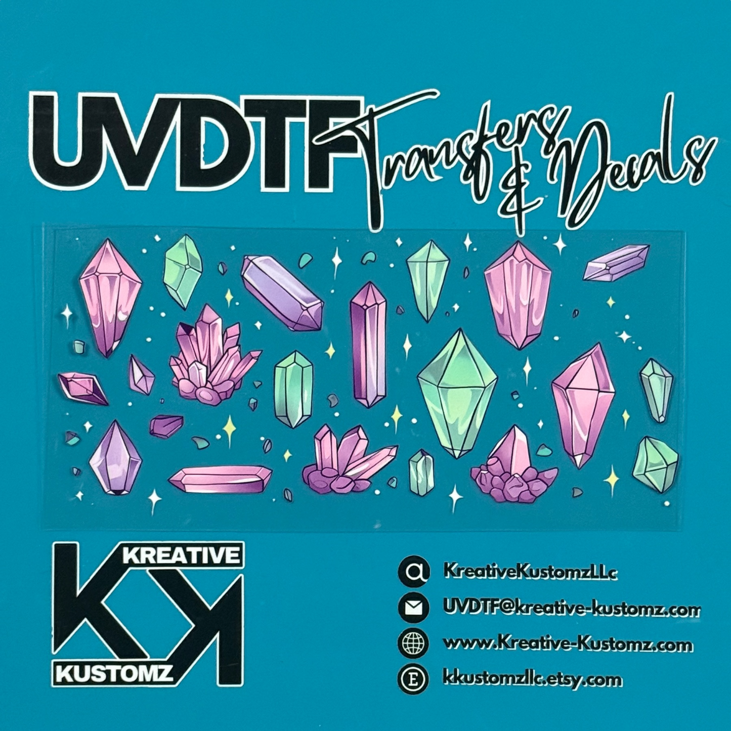 A sheet of crystal-themed UV DTF adhesive decals for 16oz glass cups on a teal background.